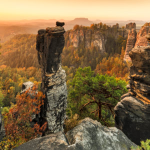 View over the Wehlnadel to the Bastei Bridge, Llilienstein behind, Bastei, Elbe Sandstone Mountains, National Park Saxon Switzerland, Saxony, Germany View over the Wehlnadel to the Bastei Bridge, Llilienstein behind, Bastei, Elbe Sandstone Mountains, National Park Saxon Switzerland, Saxony, Germany